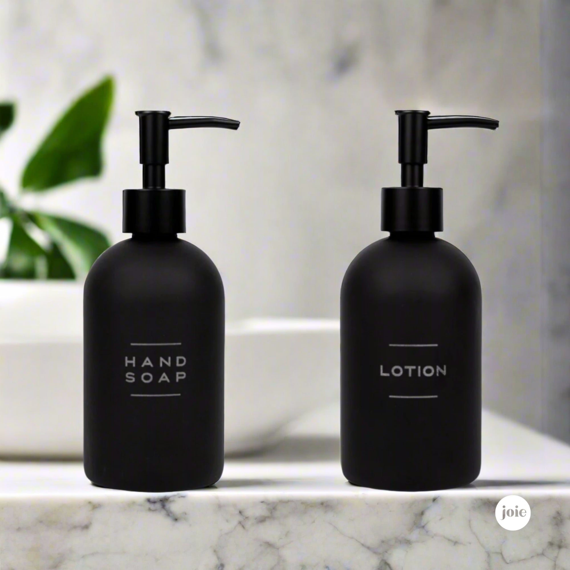 Engraved Matte Black Glass Hand Soap & Lotion Dispenser Set