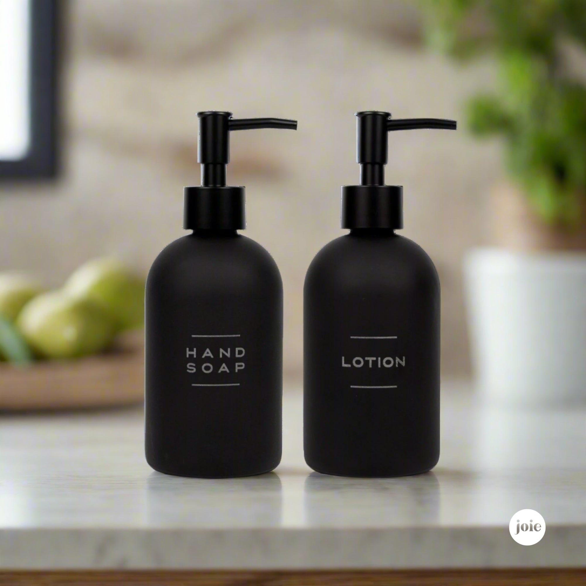 Engraved Matte Black Glass Hand Soap & Lotion Dispenser Set